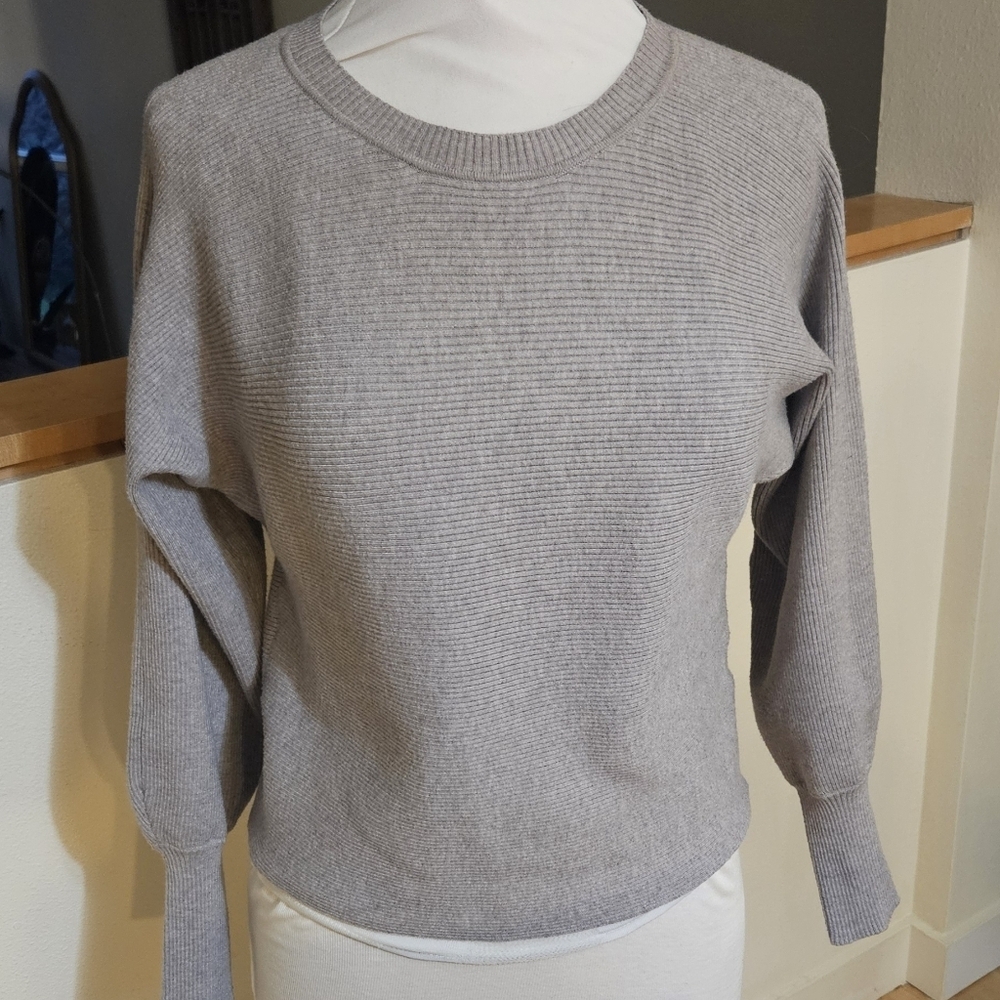 Soft Ribbed Knit Sweater Pullover Long Pretty Sleeves Wmn's Sz S Light Grey